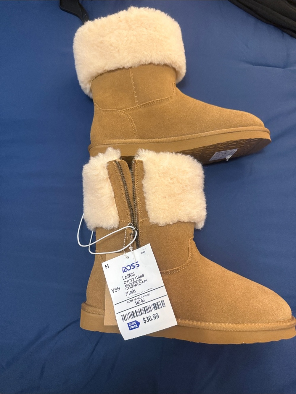 BearPaw Ladies Tan Suede Faux-Fur Cuff Zip Boots